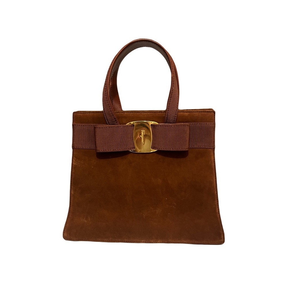 Authentic Salvatore Ferragamo Vara
Ribbon Handbag in Suede Brown